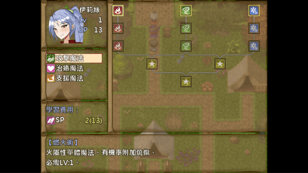 每個角色都有 3 種不同類型的技能樹，圖為伊莉絲的攻擊魔法技能樹