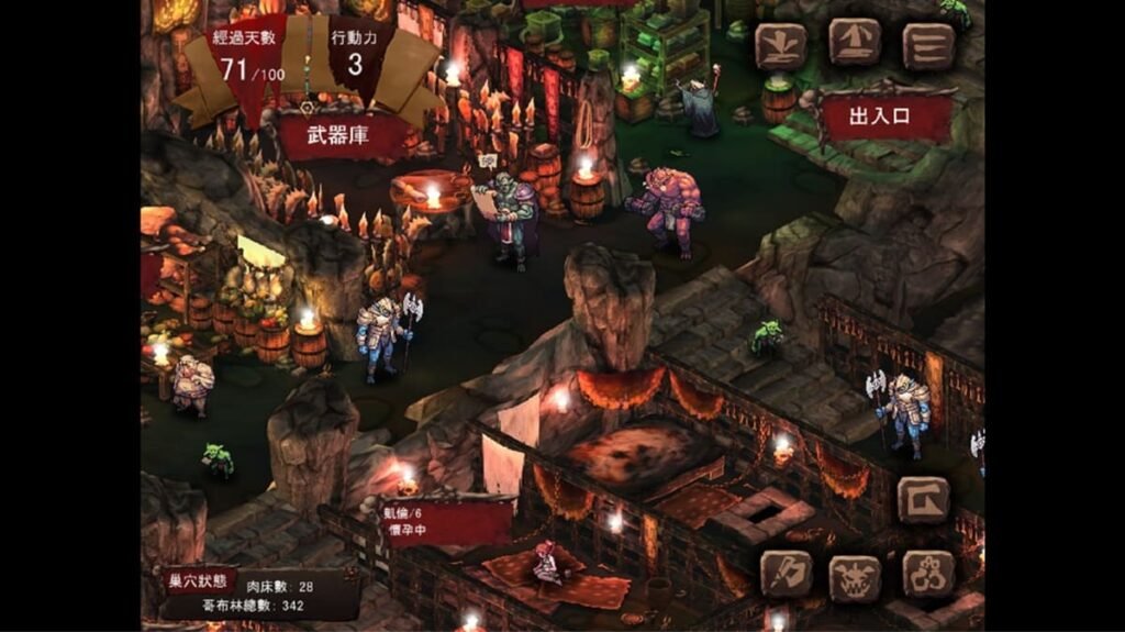 巢穴介面右下的 3 個按鈕，由左而右分別是：設置被動技能（左）、活祭品儀式（中）、確認肉床狀態（右）